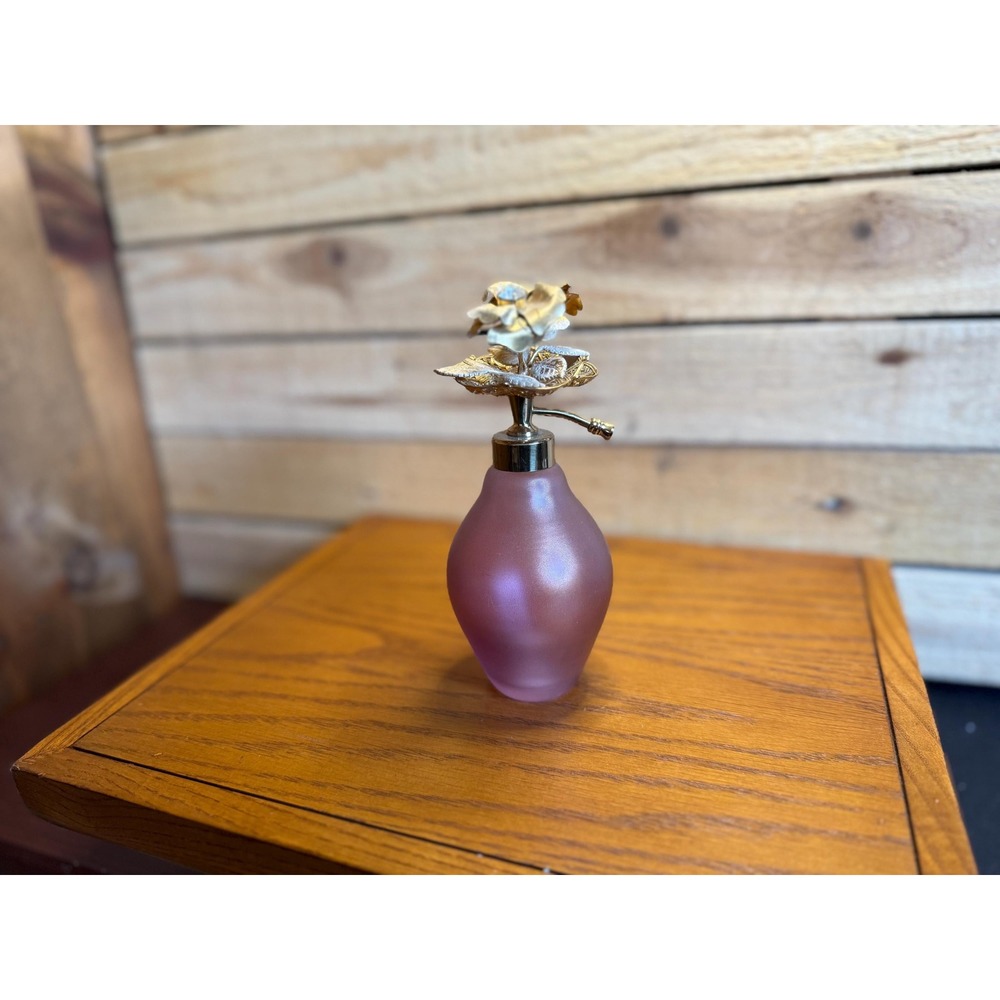 Vintage Irice Frosted Mauve Glass Rose Perfume Atomizer Bottle